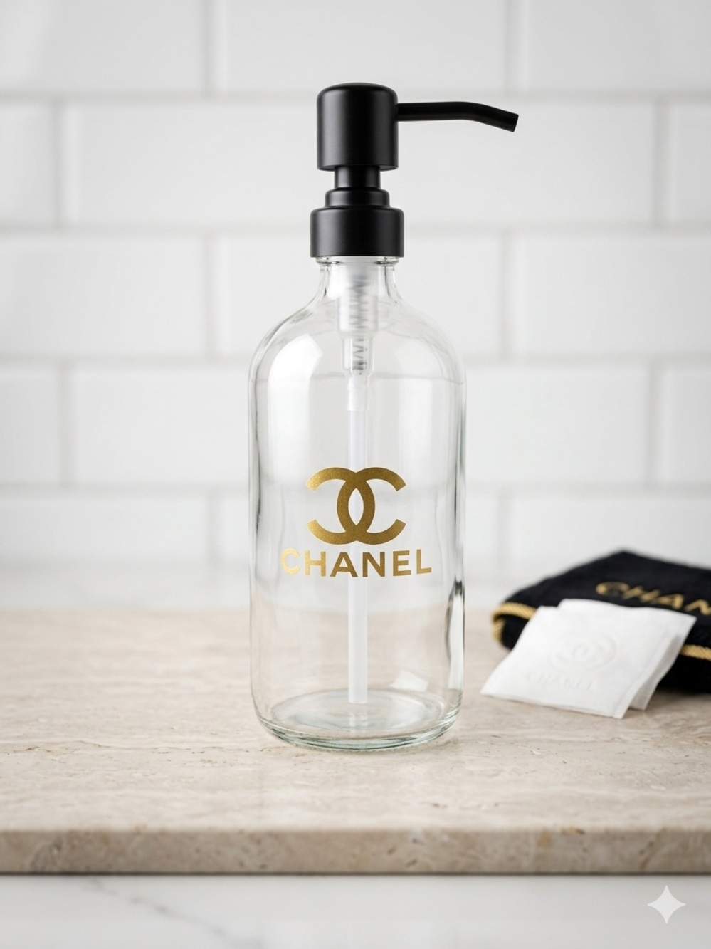 ChaneI Clear Glass Dispenser with Gold Logo and Black Pump